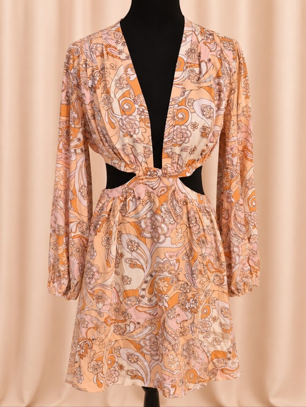 Peach Paisley Cutout Long-Sleeve Mini Dress